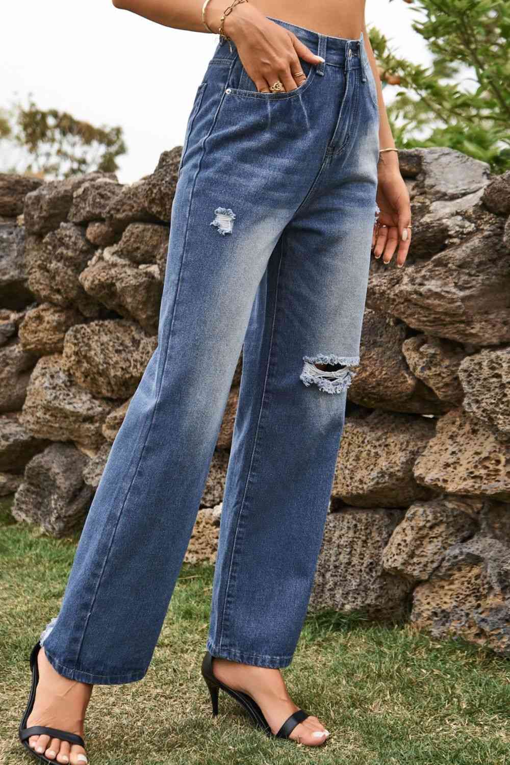 Distressed Buttoned Loose Fit Jeans Trendsi