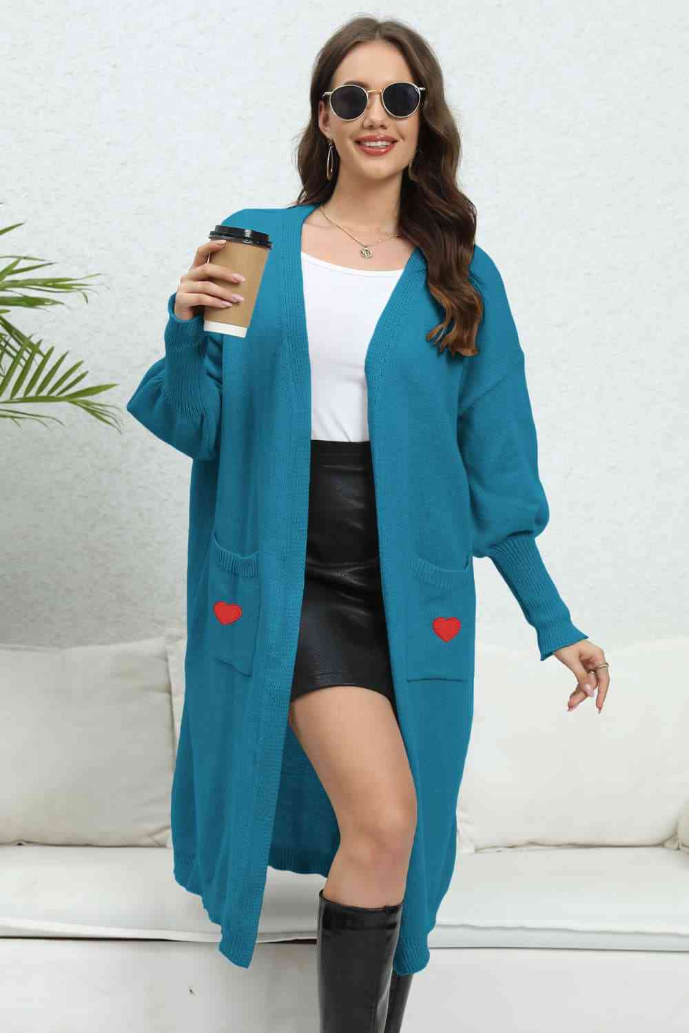 Lantern Sleeve Open Front Pocketed Cardigan Trendsi