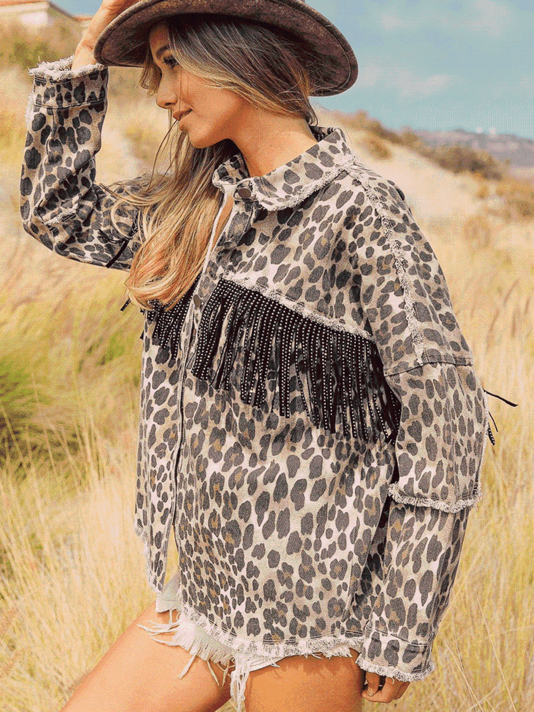 Leopard Fringe Detail Collared Neck Denim Jacket Bazaarbey