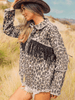 Leopard Fringe Detail Collared Neck Denim Jacket Bazaarbey