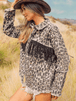 Leopard Fringe Detail Collared Neck Denim Jacket Bazaarbey