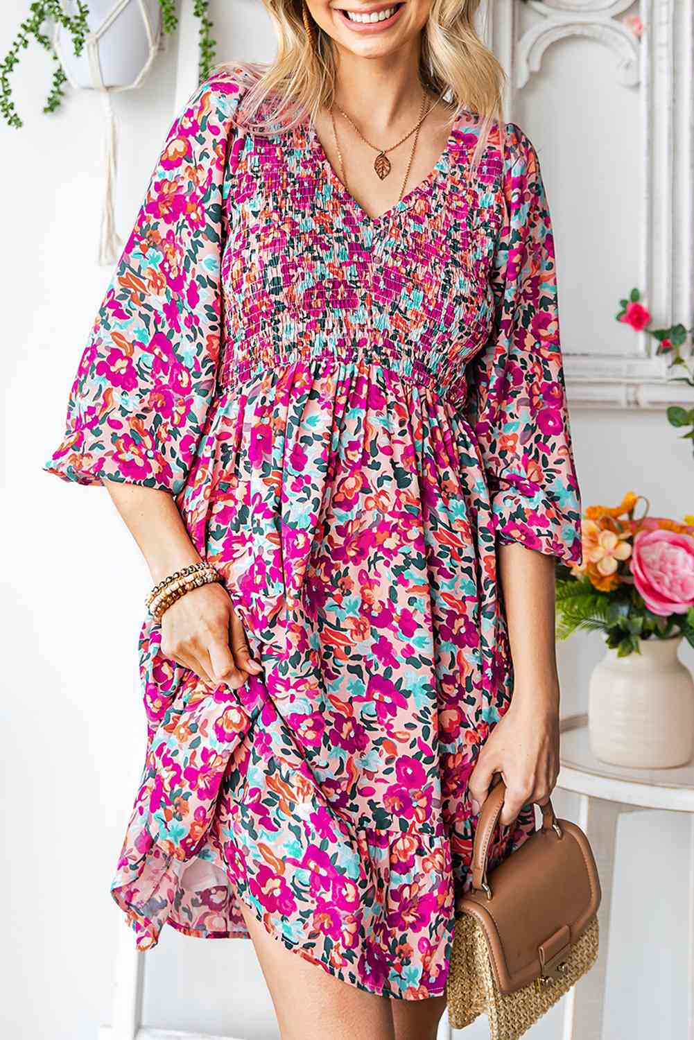 Floral Smocked V-Neck Flounce Sleeve Dress -BazaarBey - www.shopbazaarbey.com