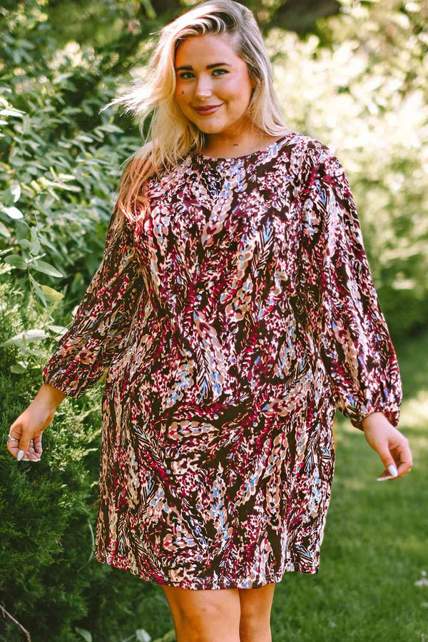 Plus Size Printed Round Neck Long Sleeve Mini Dress -BazaarBey - www.shopbazaarbey.com