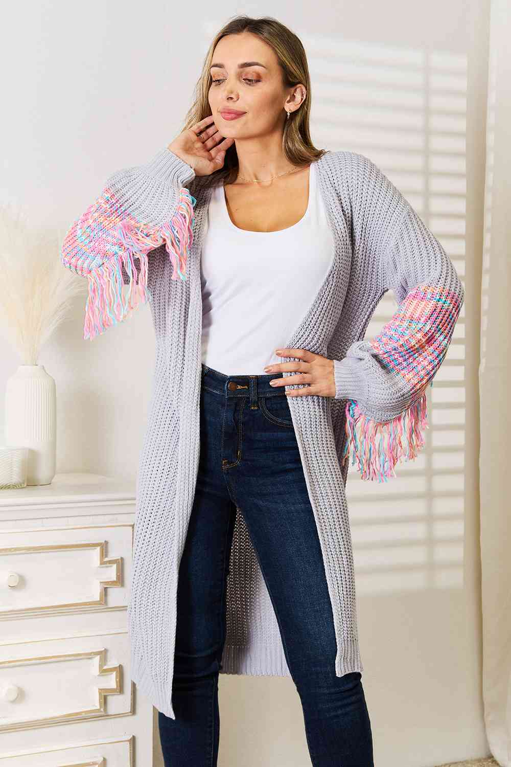 BazaarBey Woven Right  Sleeve Dropped Shoulder Cardigan Bazaarbey