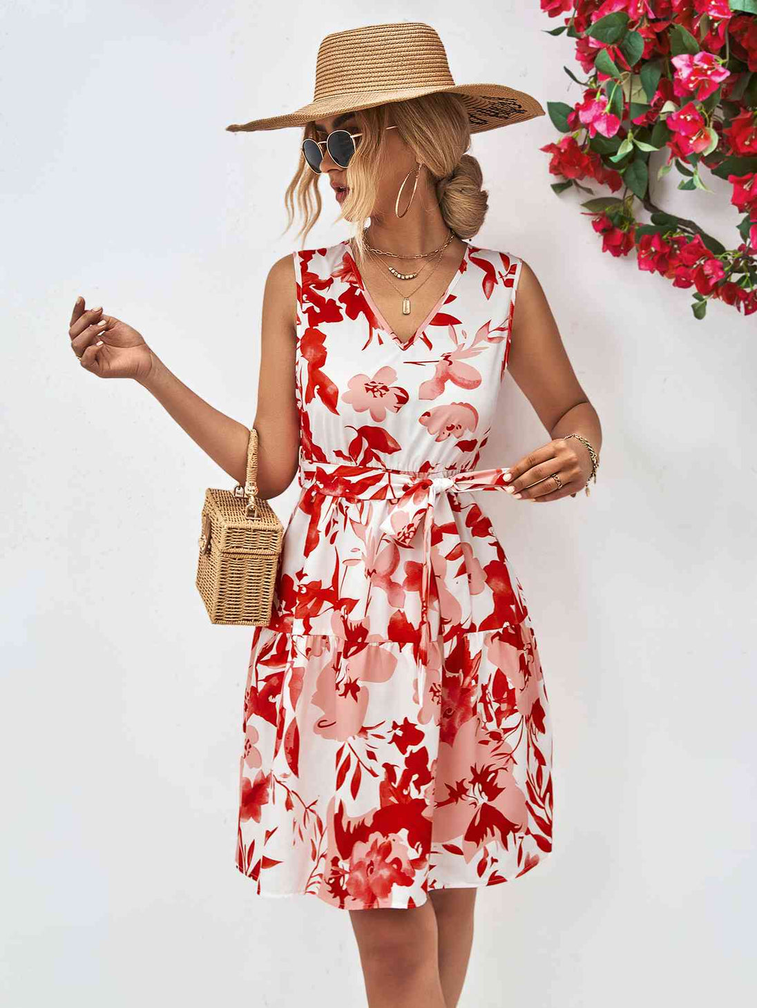 Floral V-Neck Tie Waist Sleeveless Dress -BazaarBey - www.shopbazaarbey.com