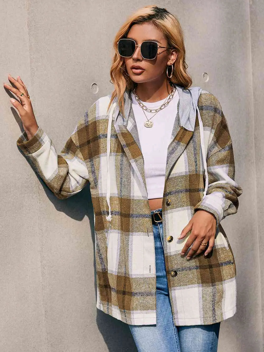 Plaid Dropped Shoulder Hooded Jacket Bazaarbey