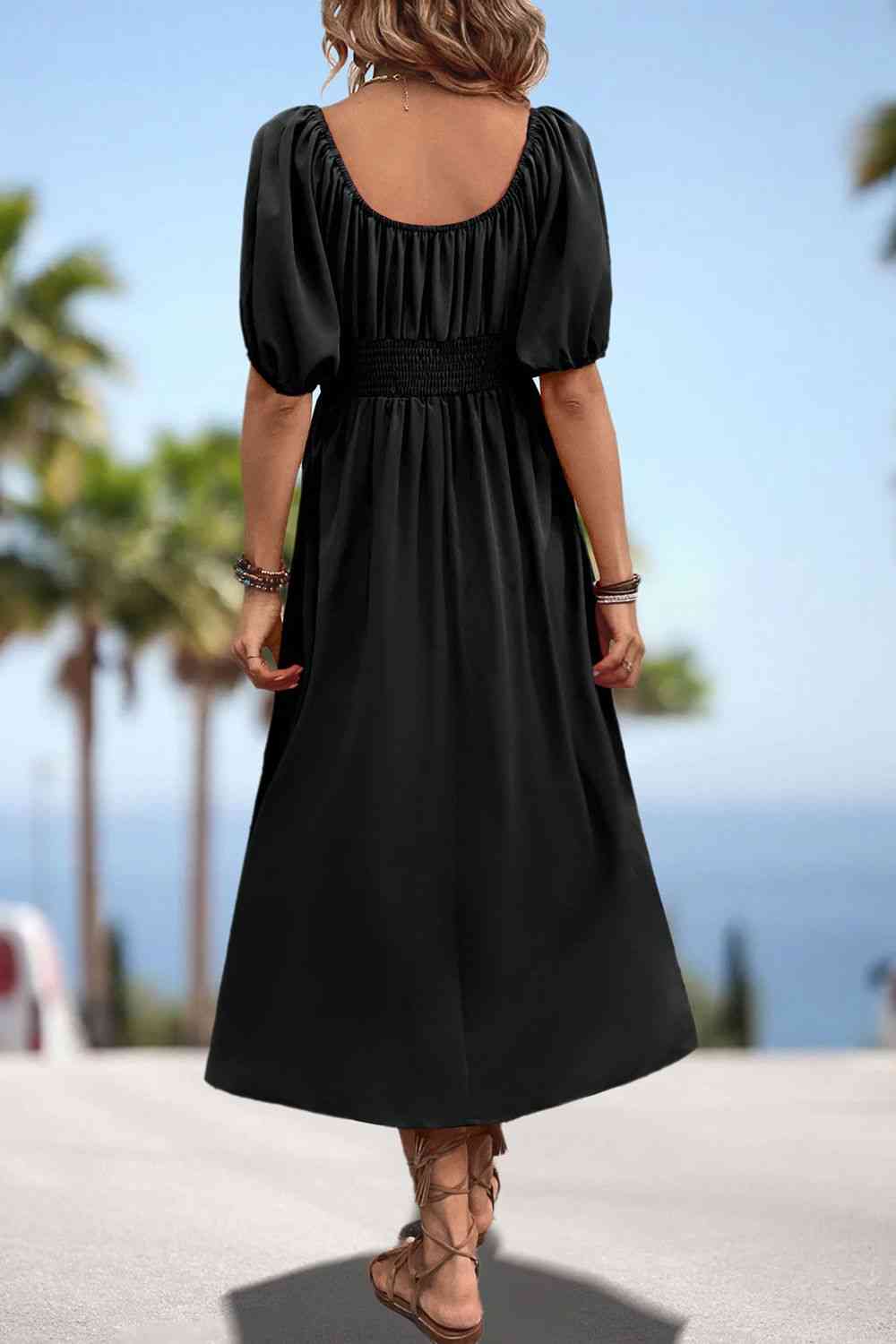 Square Neck Smocked Waist Puff Sleeve Midi Dress -BazaarBey - www.shopbazaarbey.com