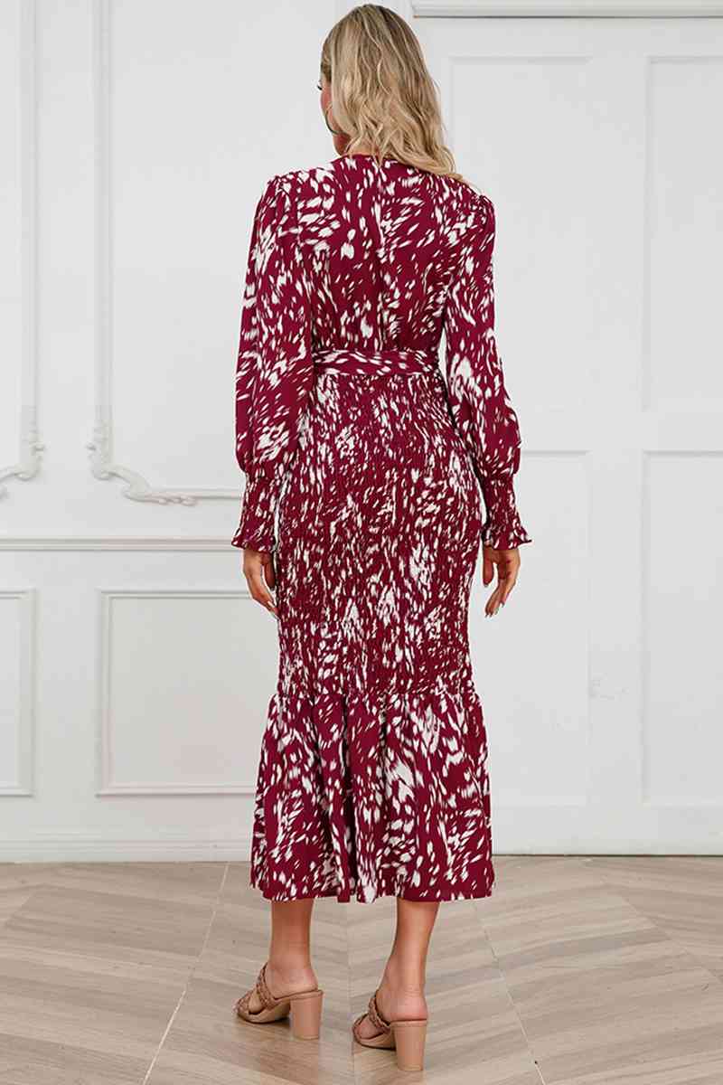 Printed V-Neck Smocked Midi Dress -BazaarBey - www.shopbazaarbey.com