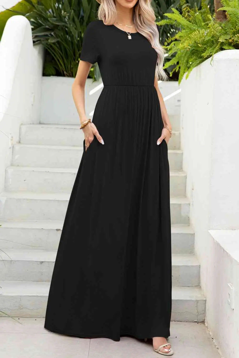 Round Neck Maxi Tee Dress with Pockets -BazaarBey - www.shopbazaarbey.com