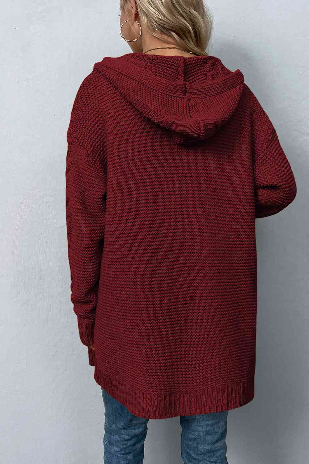 Cable-Knit Dropped Shoulder Hooded Cardigan Bazaarbey