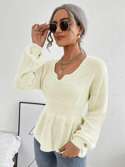 Notched Dropped Shoulder Knit Top Trendsi