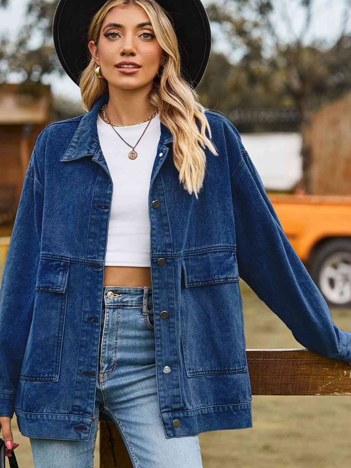 Dropped Shoulder Denim Jacket with Pockets Bazaarbey