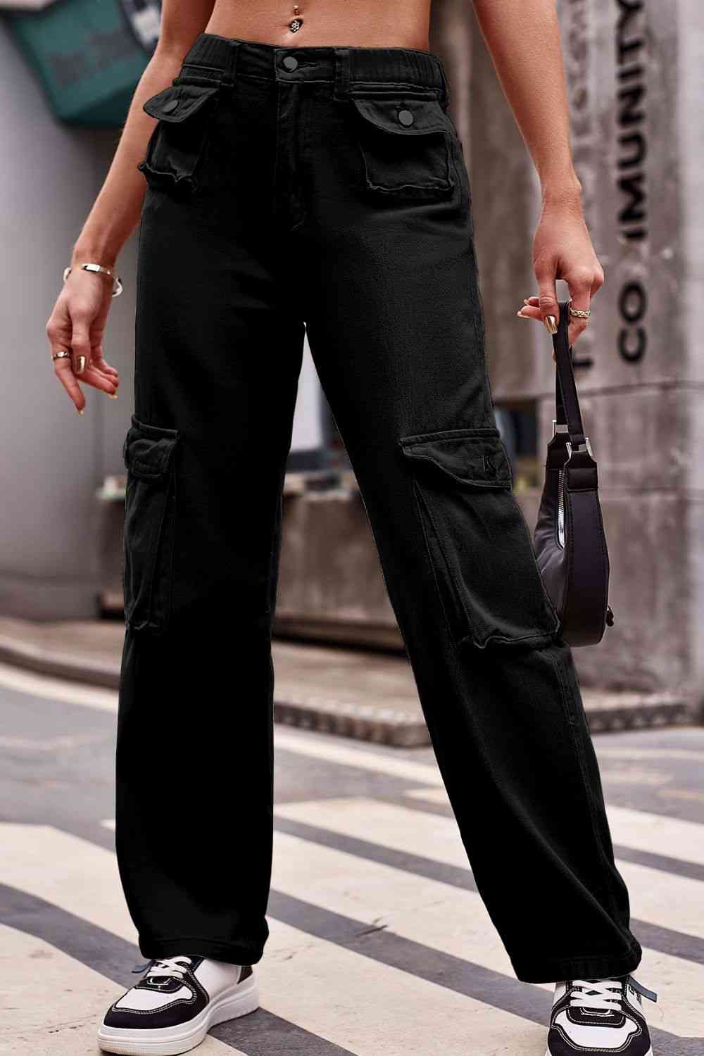 Buttoned Knee Pockets Loose Fit Jeans Bazaarbey