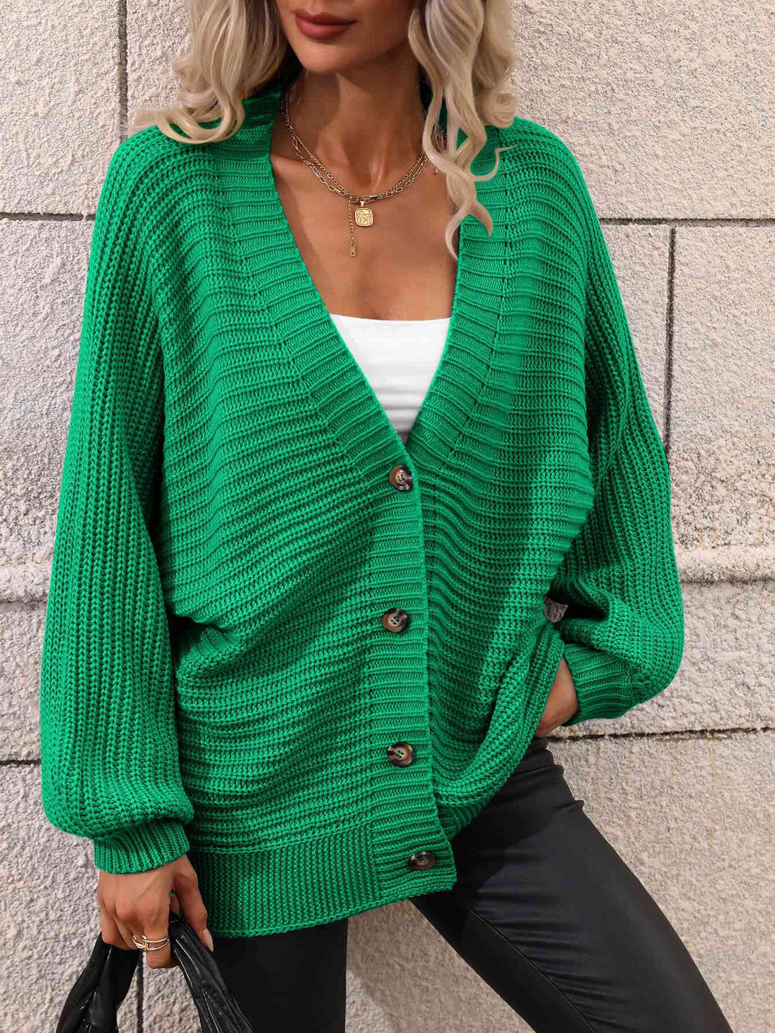  Button Down Horizontal-Ribbing  Cardigan Trendsi