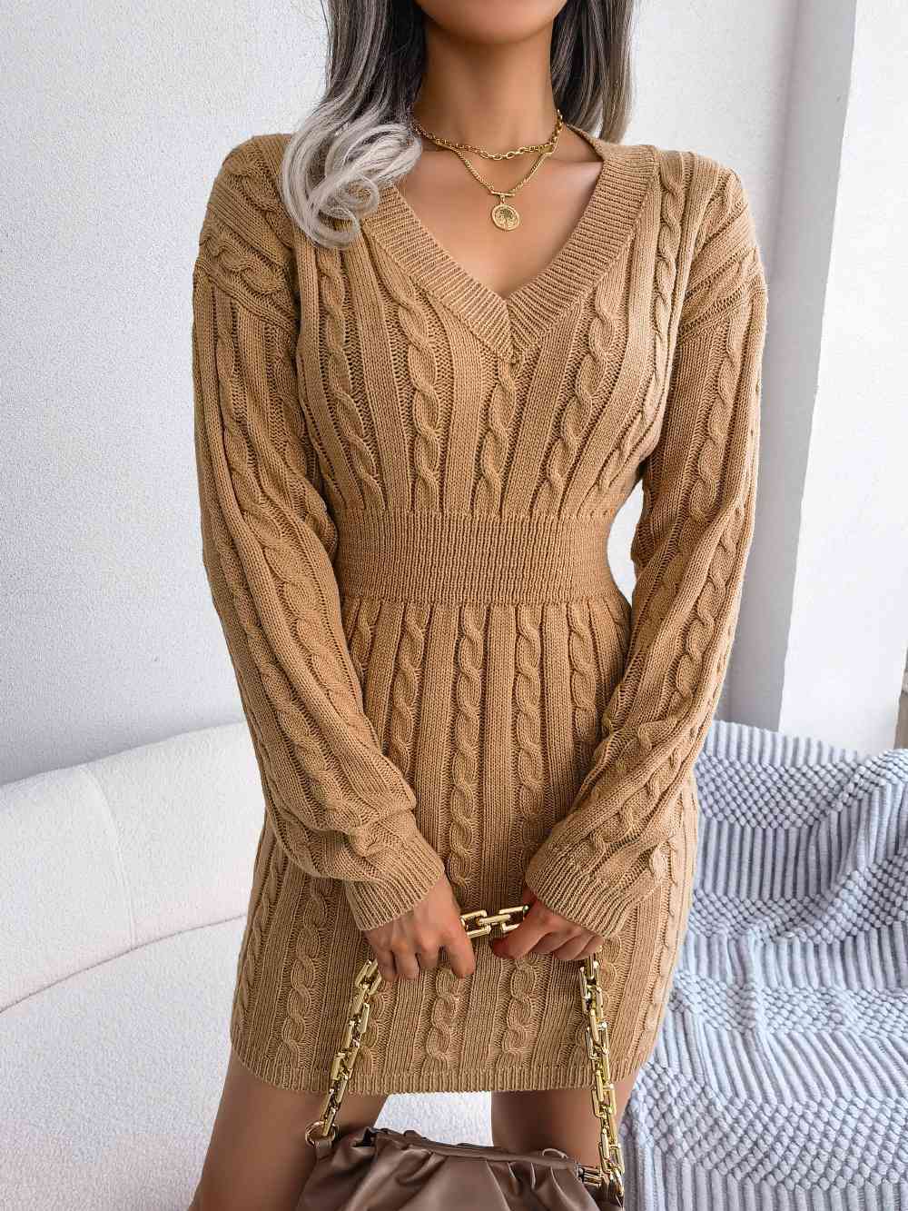 Cable-Knit V-Neck Mini Sweater Dress Bazaarbey