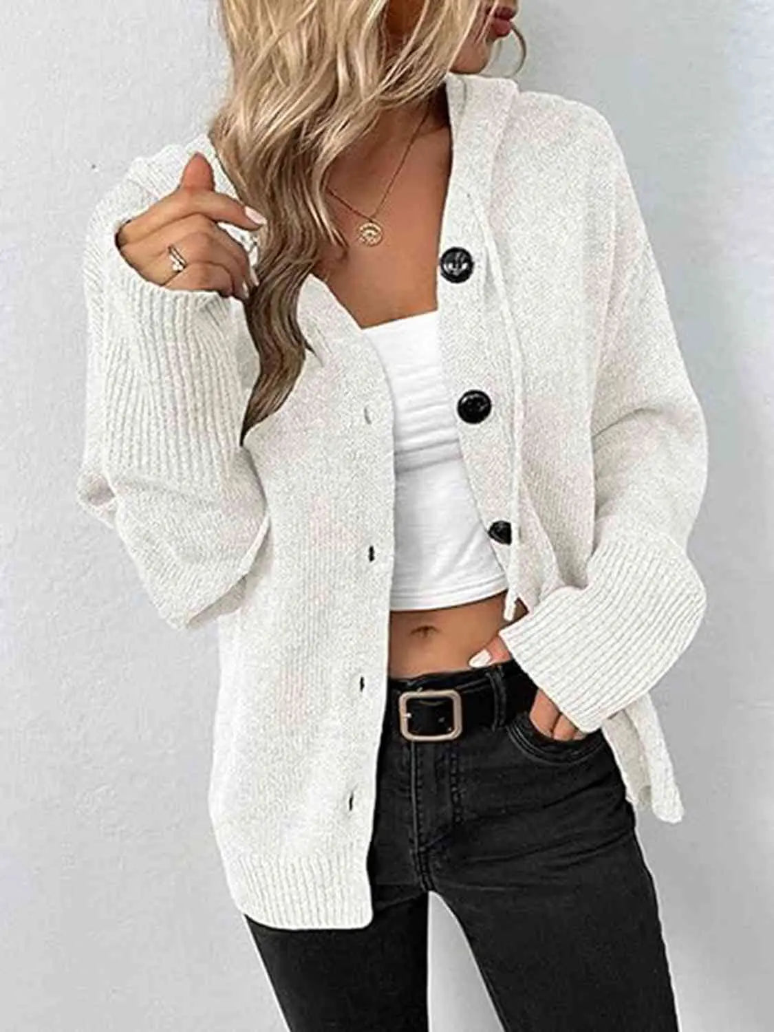Button Up Drawstring Long Sleeve Hooded Cardigan Bazaarbey