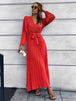 V-Neck Tie Waist Pleated Maxi Dress Bazaarbey