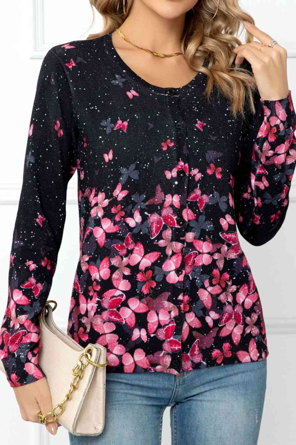  Floral Button Front Round Neck Cardigan Trendsi