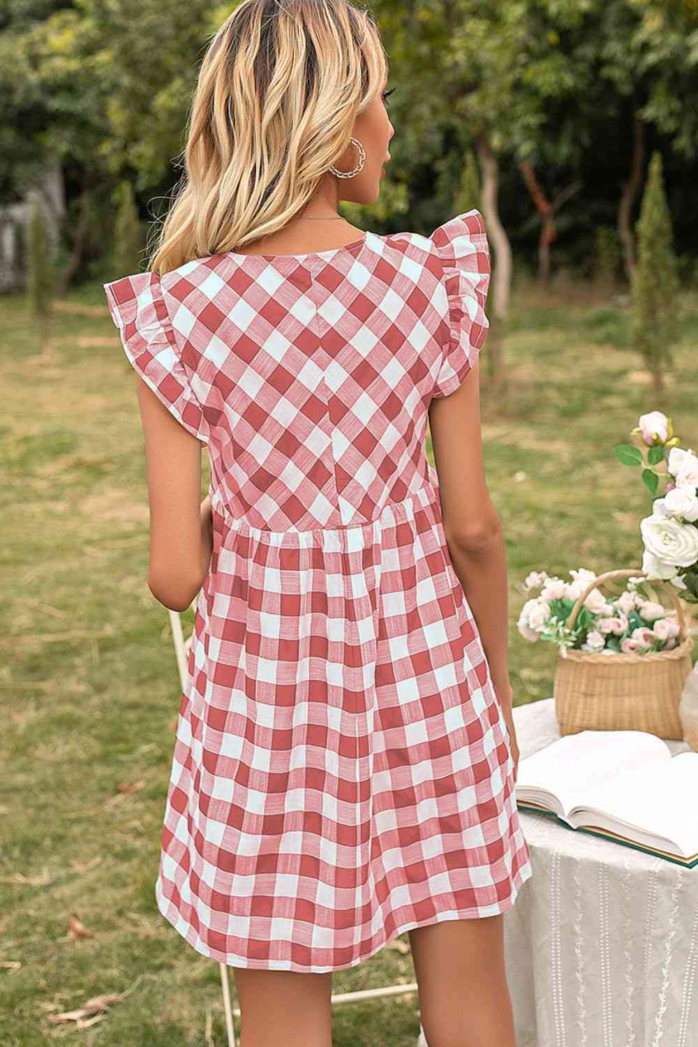 Plaid Butterfly Sleeve Deep V Dress -BazaarBey - www.shopbazaarbey.com