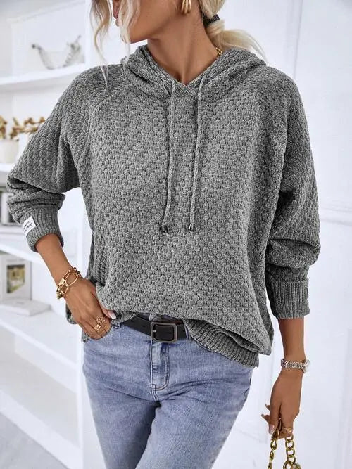 Texture Drawstring Long Sleeve Hooded Sweater Bazaarbey
