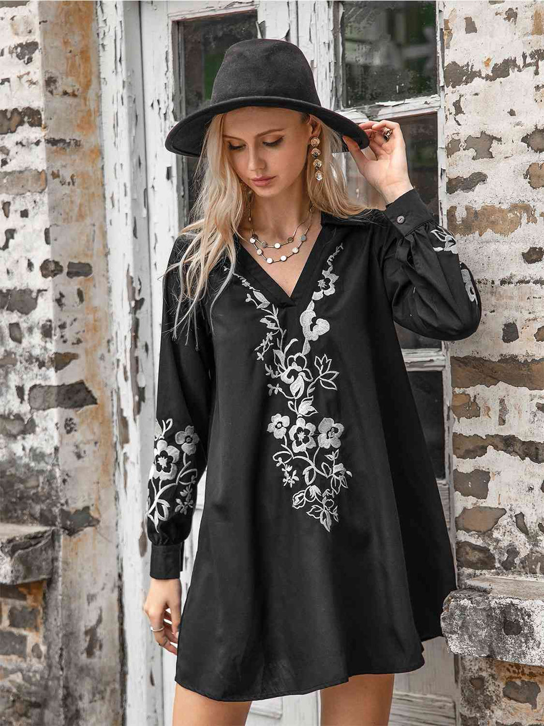Floral Collared Neck Long Sleeve Dress -BazaarBey - www.shopbazaarbey.com