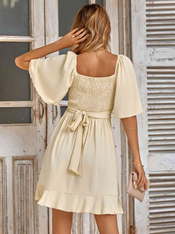 Smocked Tie Back Ruffle Hem Dress -BazaarBey - www.shopbazaarbey.com