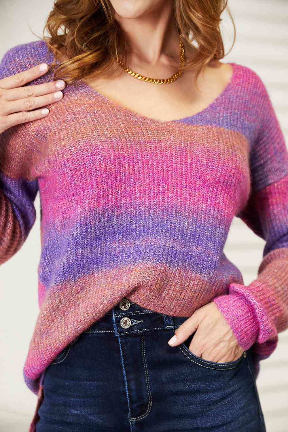  Multicolored Rib-Knit V-Neck Knit Pullover Bazaarbey