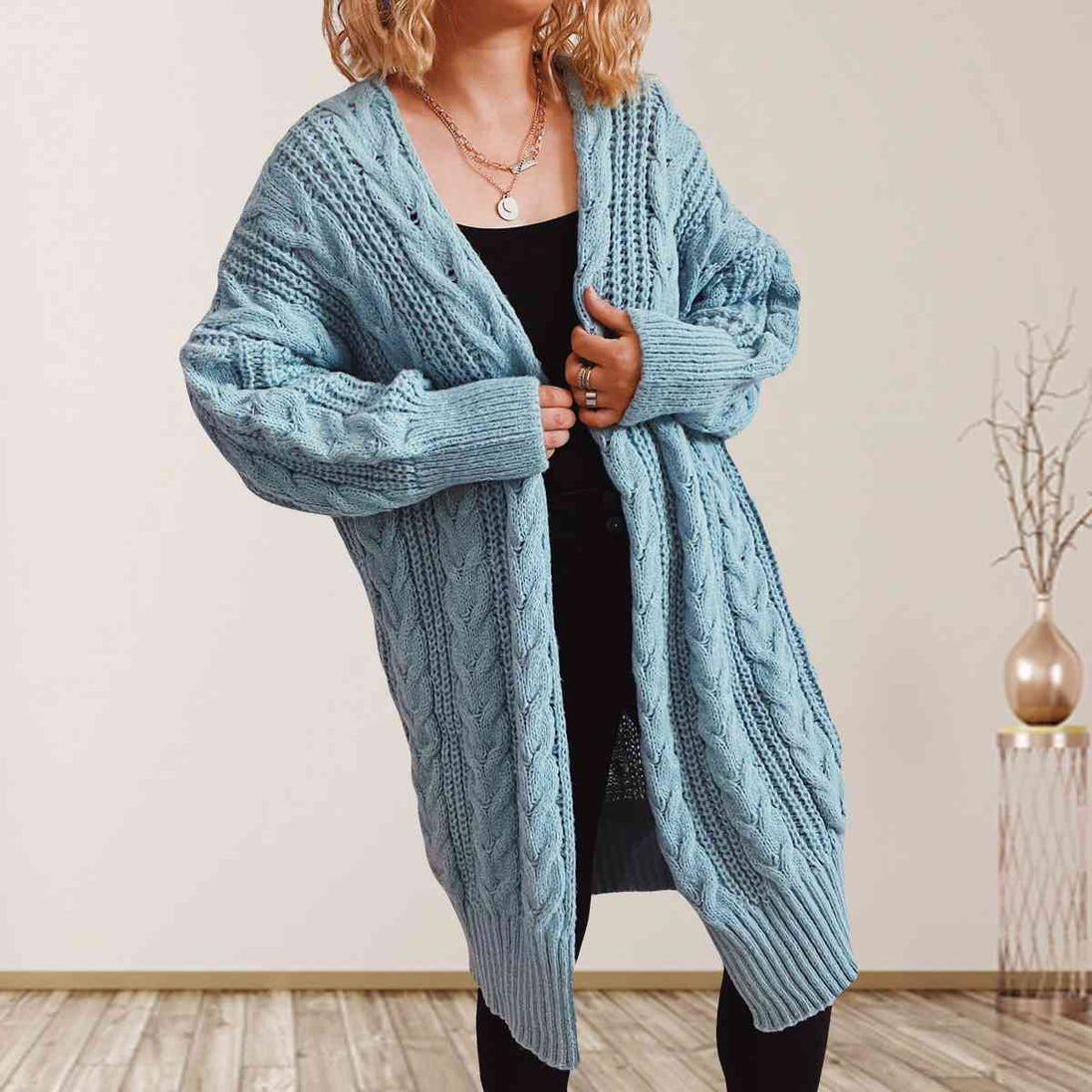 Cable-Knit Open Front Dropped Shoulder Cardigan Trendsi