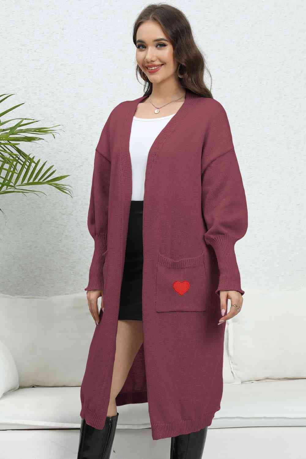 Lantern Sleeve Open Front Pocketed Cardigan Trendsi