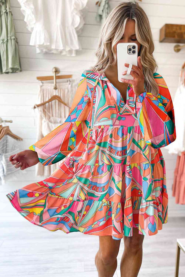 Printed Long Sleeve Tie Neck Mini Dress -BazaarBey - www.shopbazaarbey.com