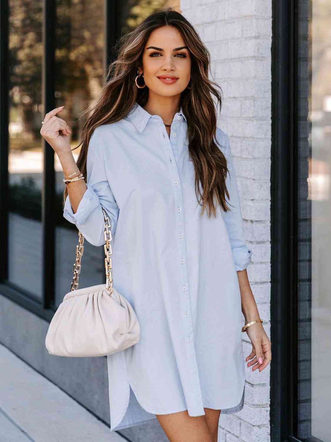 Button Up Collared Neck Long Sleeve Shirt Dress -BazaarBey - www.shopbazaarbey.com
