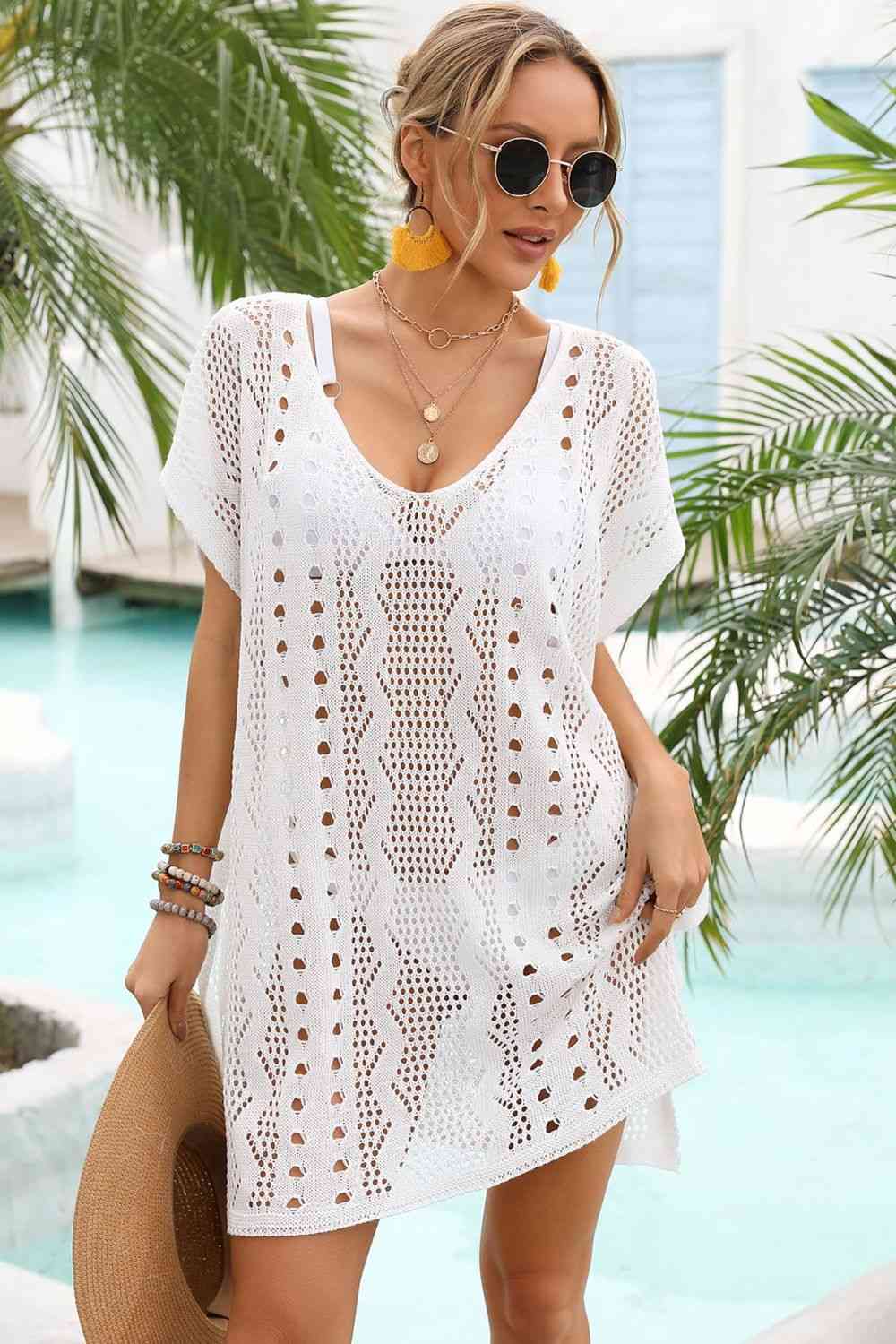 Openwork Plunge Dolman Sleeve Cover-Up Dress Trendsi