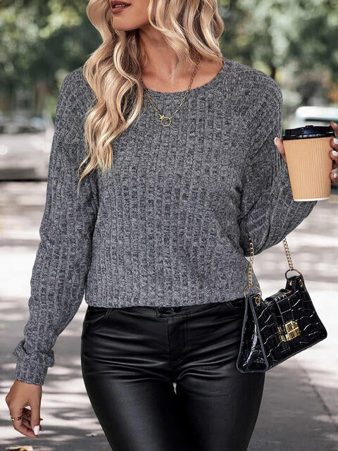 BazaarBey Round Neck Long Sleeve Knit Top Bazaarbey