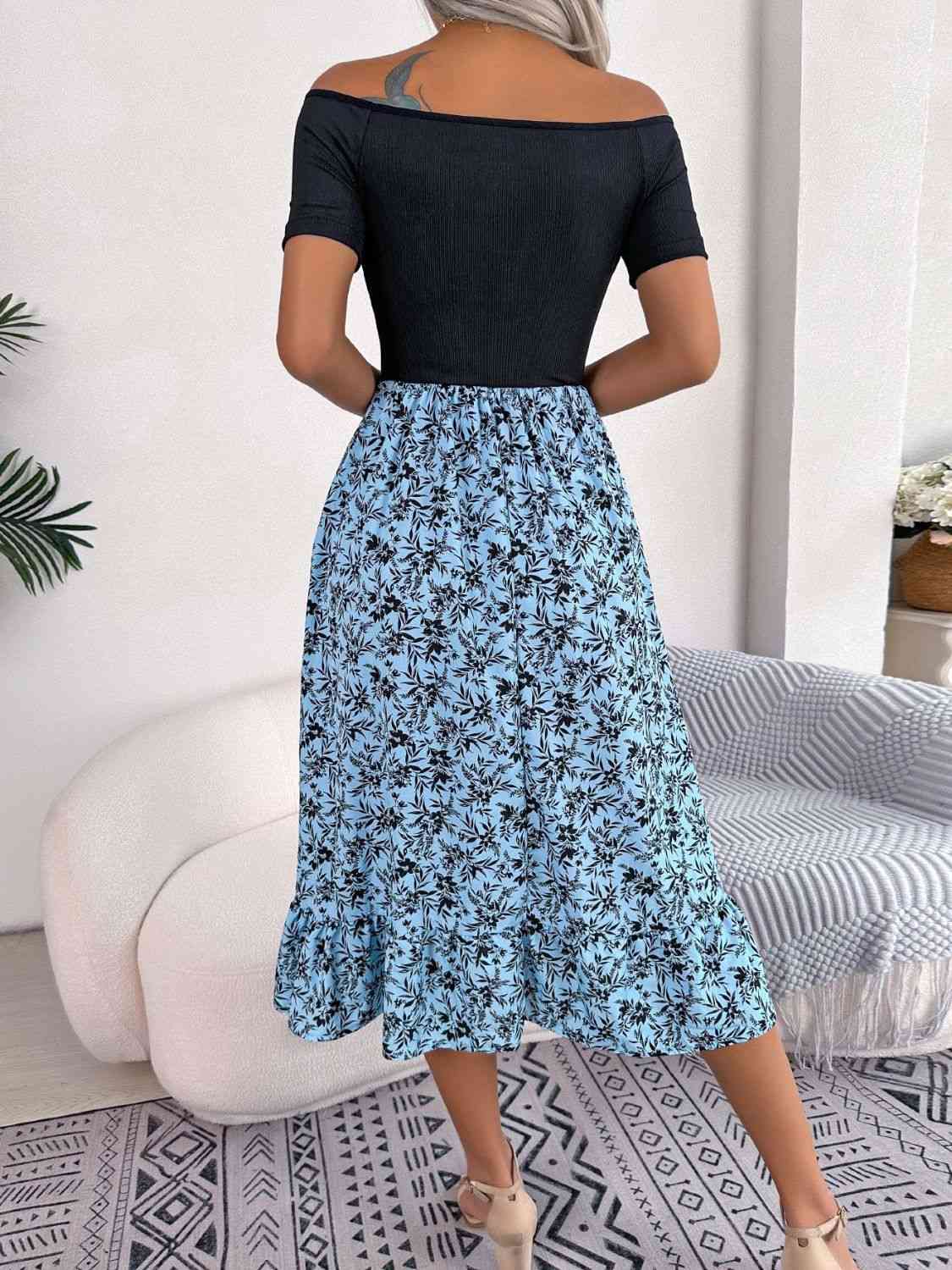 Printed Off-Shoulder Ruffle Hem Dress -BazaarBey - www.shopbazaarbey.com