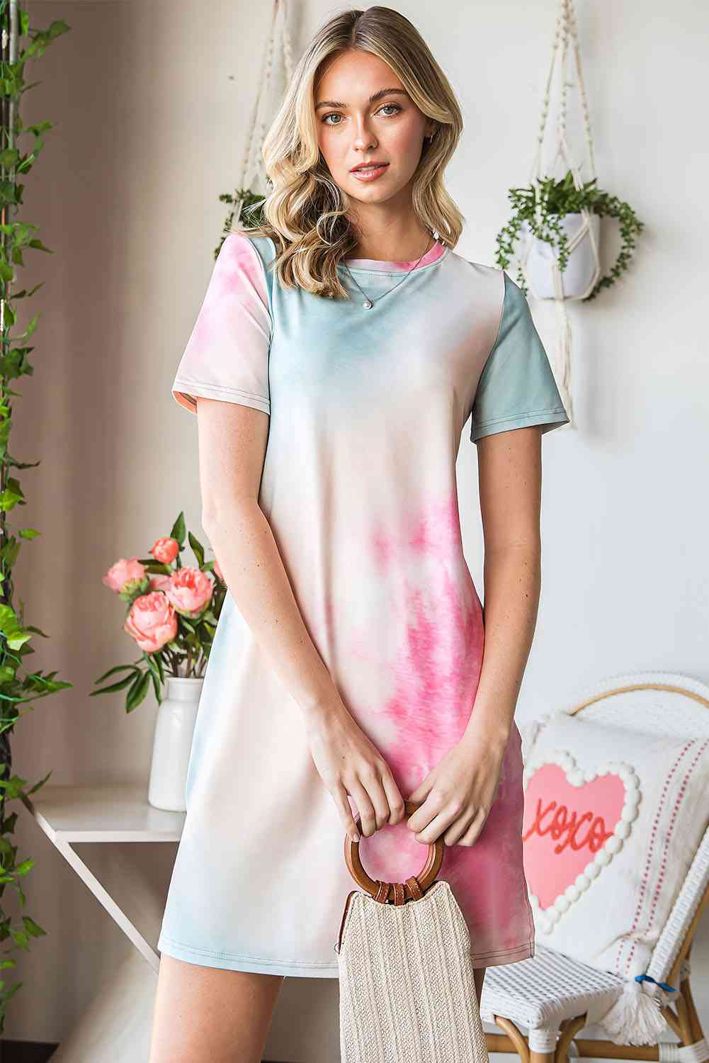 Tie-Dye Round Neck Short Sleeve Slit Dress -BazaarBey - www.shopbazaarbey.com