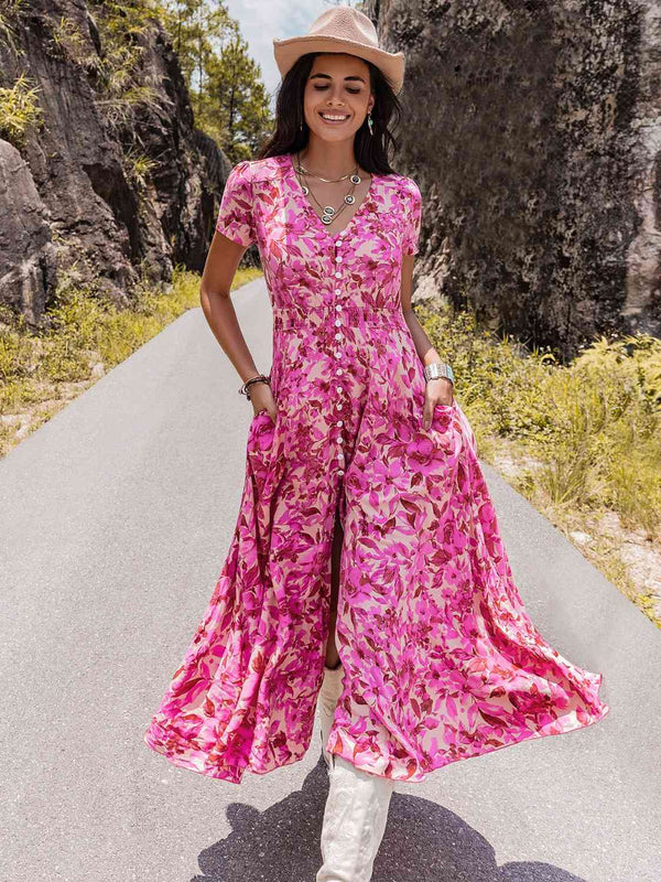 Floral V-Neck Slit Dress -BazaarBey - www.shopbazaarbey.com