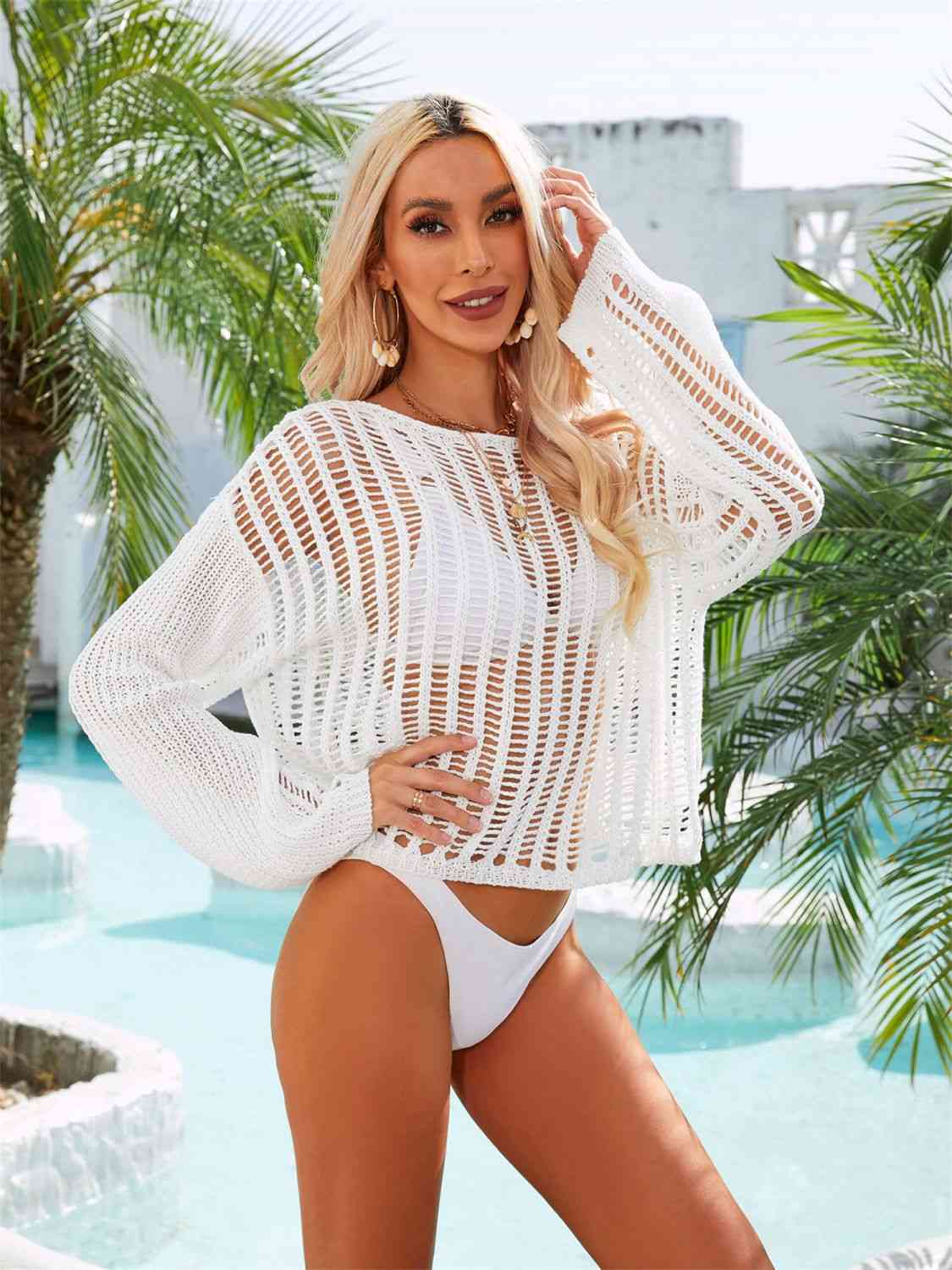 Long Sleeve Round Neck Openwork Cover-Up Trendsi