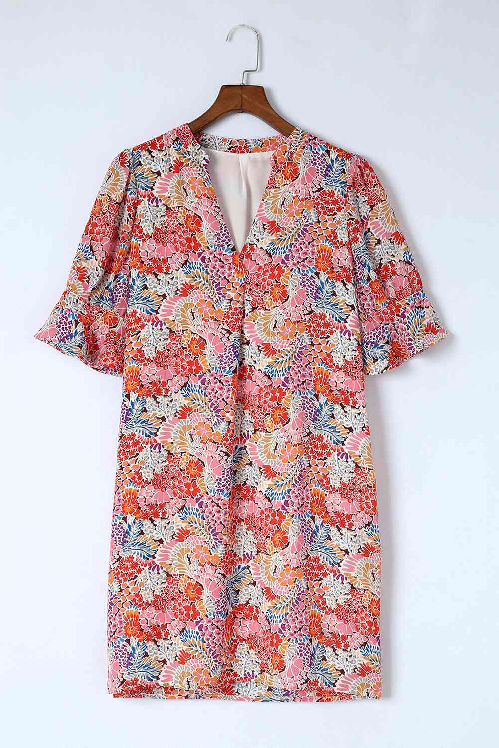 Floral Notched Neck Flounce Sleeve Shift Dress -BazaarBey - www.shopbazaarbey.com