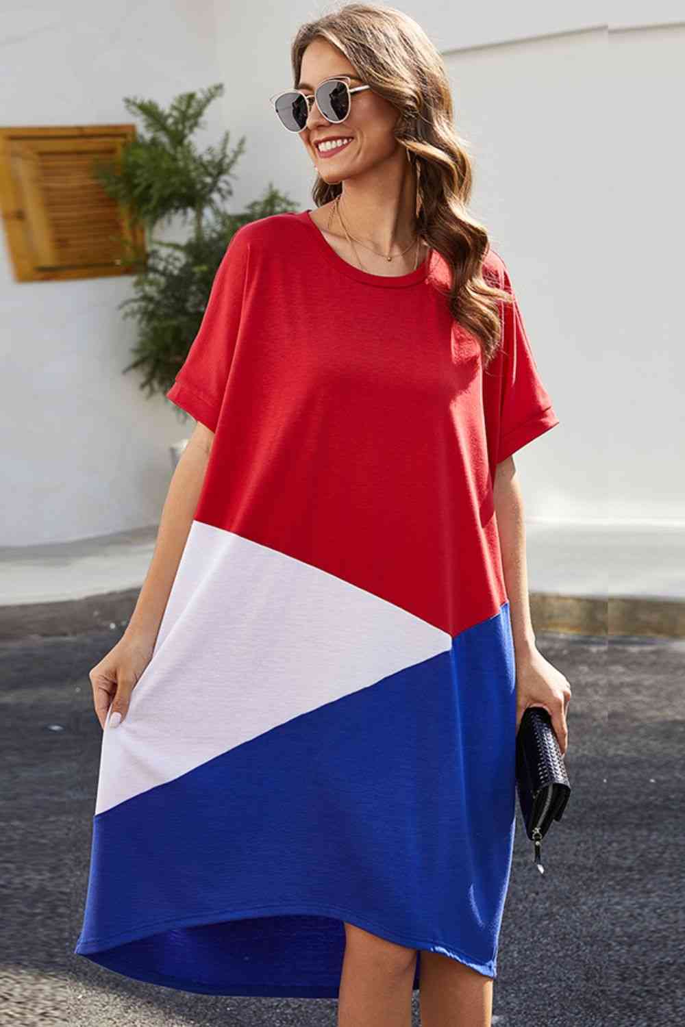 Color Block Round Neck Short Sleeve Dress -BazaarBey - www.shopbazaarbey.com