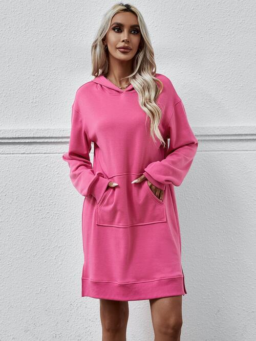 Slit Long Sleeve Hooded Dress with Pocket -BazaarBey - www.shopbazaarbey.com