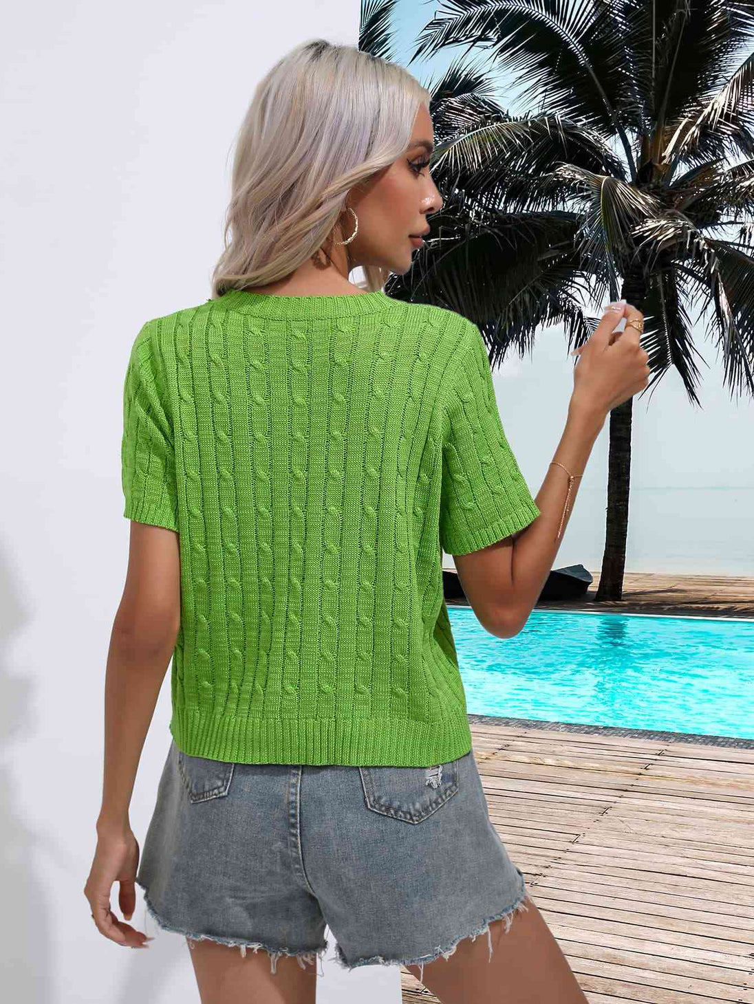 Cable-Knit Round Neck Short Sleeve Knit Top Trendsi