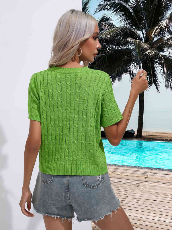 Cable-Knit Round Neck Short Sleeve Knit Top Trendsi
