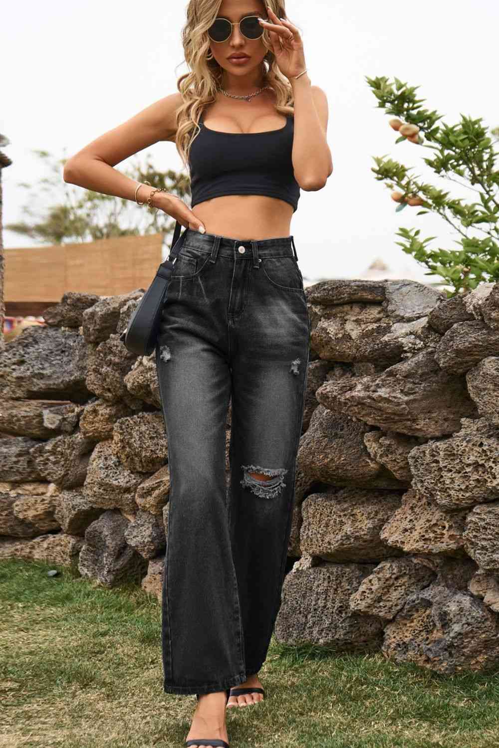 Distressed Buttoned Loose Fit Jeans Trendsi