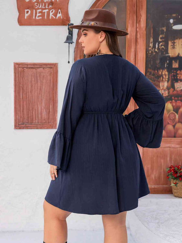 Plus Size Tie Front V-Neck Flare Sleeve Dress -BazaarBey - www.shopbazaarbey.com