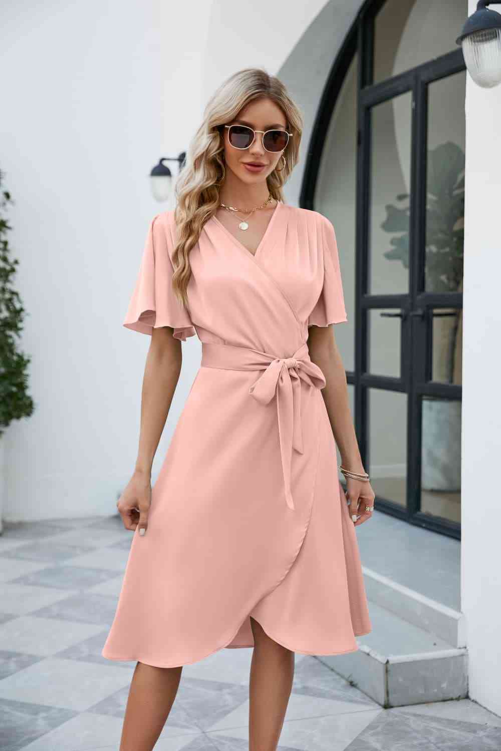 Tie Waist Flutter Sleeve Surplice Dress Bazaarbey