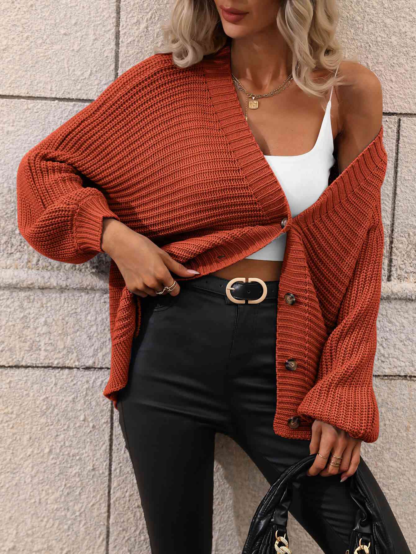  Button Down Horizontal-Ribbing  Cardigan Trendsi