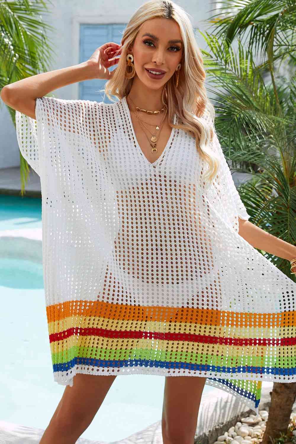 Rainbow Stripe Openwork Slit Cover-Up Bazaarbey
