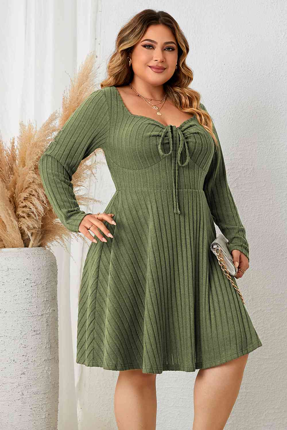 Plus Size Sweetheart Neck Long Sleeve Ribbed Dress -BazaarBey - www.shopbazaarbey.com