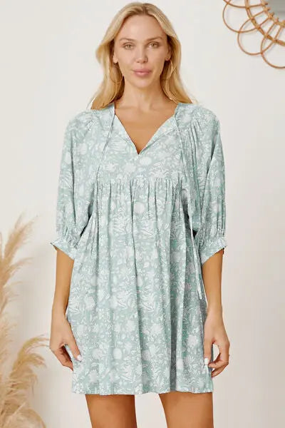 Floral Tie Neck Ruched Babydoll Dress -BazaarBey - www.shopbazaarbey.com