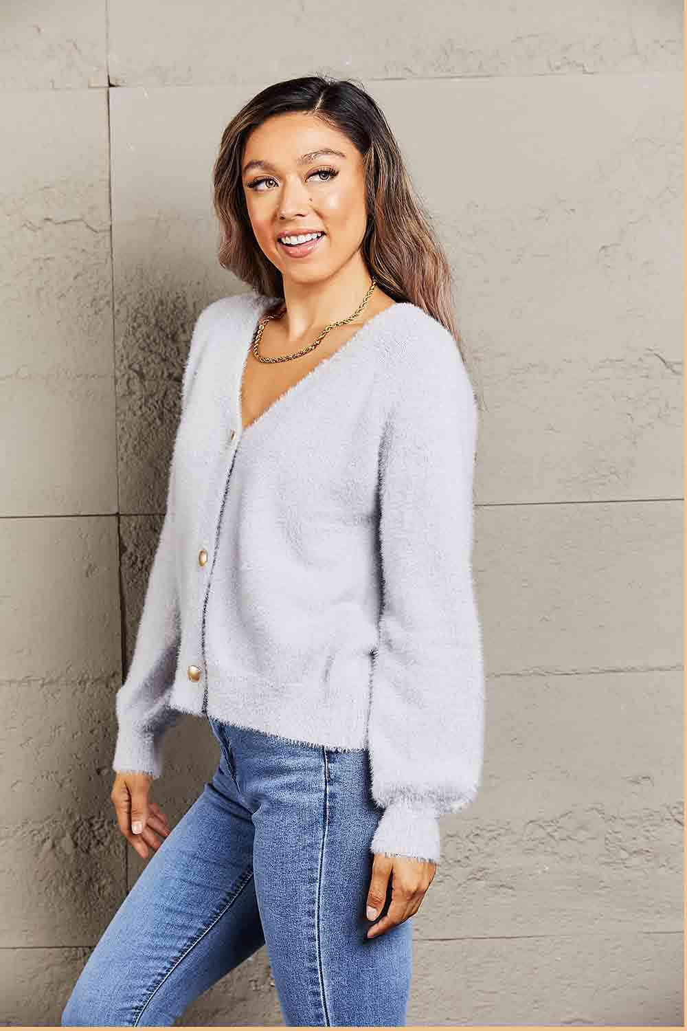  Fuzzy Long Sleeve Button Down Cardigan Bazaarbey